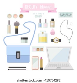 Flat lay woman's fashion, collection of cosmetics. Beauty blogger. Pomade.