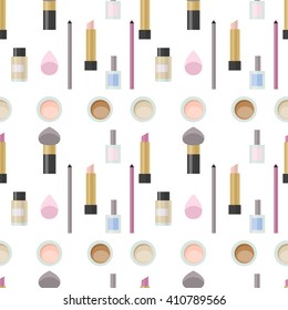 Flat lay woman's fashion seamless pattern, collection of cosmetics. Beauty blogge in flat style. Pomade.