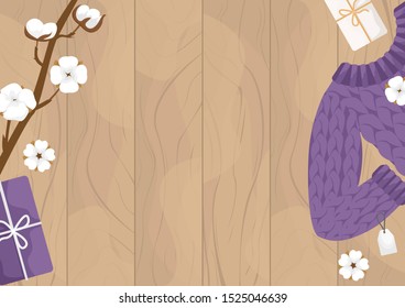 Flat lay wool sweater, branch and cotton flowers on wooden background. Winter flat vector illustration.