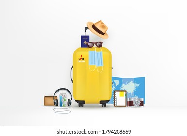 Flat lay yellow suitcase with travel accessories on white background. travel concept. Vector EPS10