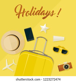 Flat lay yellow suitcase with traveler accessories on yellow background with flat design style - Shutterstock ID 1223272474
