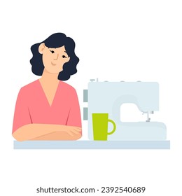 Flat lay young girl sitting at sewing machine and cup of coffee