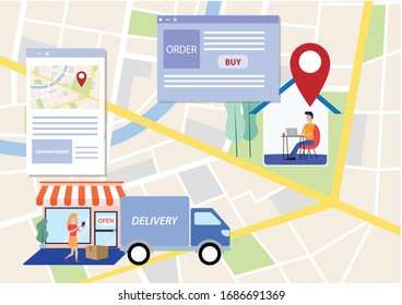 Flat Layer Cartoon of Online Shopping and Shop Delivery Process For E-Commerce Concept