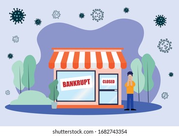 Flat Layer Cartoon of Sad Man with His Closed Shop Due to Covid-19 or Corona Virus Pandemic