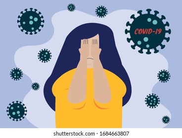 Flat Layer Cartoon of  Woman with Hand Cover Her Face With Stressed by Covid-19 or Corona Virus