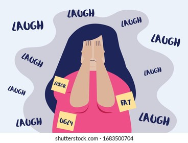 Flat Layer Cartoon of  Woman Victim of Bullying Who Suffer From Public Censure by Her Weight