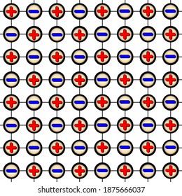 A flat layer of positive and negative ions of the same size. Illustration of the arrangement of differently charged ions of the same size in a flat layer.
