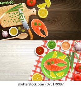 Flat laymcooking 2 realistic banners set with fish dish ingredients on wood texture background vector illustration 