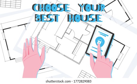 Flat layout apartment composition with choose your best house blue color headline vector illustration