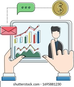 Flat layout of hands holding a tablet presenting business charts and businessman's identity vector concept, isolated in white background with bubble message and coin icons