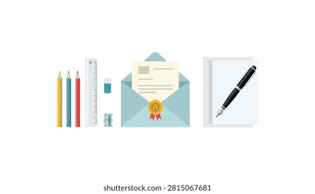 Flat layout of school and office stationery items including pencils ruler eraser sharpener envelope and sheet of paper with pen.