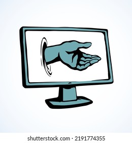 Flat lcd ui tv ill device help risk issue app on white text space. Beg ask charity receive data reach palm. Cartoon graphic vector drawn illegal bad net spy robber man give hold info gift sign icon