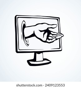 El dispositivo de descarga de ui tv de lcd plano ayuda a la aplicación de riesgo en espacio blanco para texto. Pido que los datos de la caridad lleguen a los dedos. Dibujo gráfico gráfico de dibujos animados espía de red ilegal ladrón corrupto dar información de retención símbolo de regalo