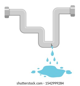 Flat leaking pipe concept with water flowing out from broken pipeline. Vector illustration