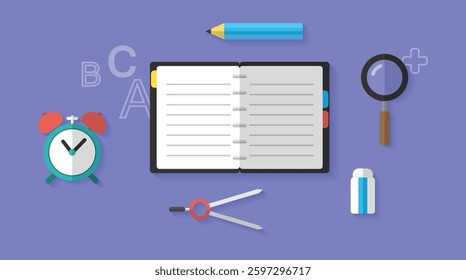 Flat learning study search background, infographic template, website, homepage, visual, vector icon