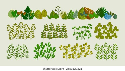 Flat leaves, bush trees, grass, wild plants hand drawing vector illustration. Foret, meadow, park and garden element nature set.