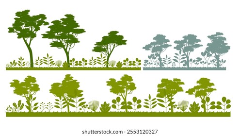 Flat leaves, bush trees, grass, wild plants hand drawing vector illustration. Foret, meadow, park and garden element nature set.