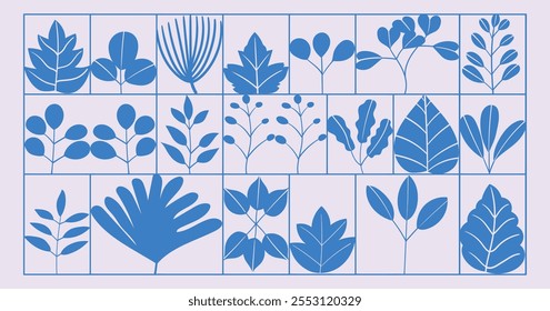 Flat leaves, bush trees, grass, wild plants hand drawing vector illustration. Foret, meadow, park and garden element nature set.