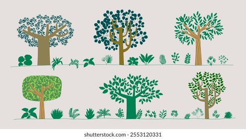 Flat leaves, bush trees, grass, wild plants hand drawing vector illustration. Foret, meadow, park and garden element nature set.