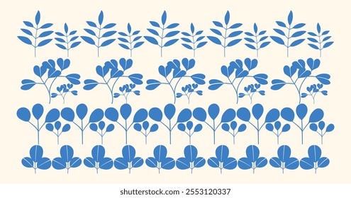 Flat leaves, bush trees, grass, wild plants hand drawing vector illustration. Foret, meadow, park and garden element nature set.