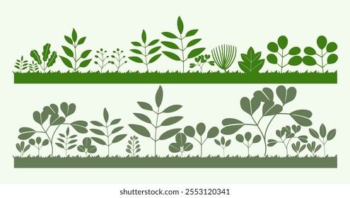 Flat leaves, bush trees, grass, wild plants hand drawing vector illustration. Foret, meadow, park and garden element nature set.