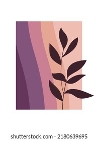 Flat leaves vector modern abstract floral poster. Hand drawn branch in gradient color frame. Wallpaper, print, wall art, background, home decor, card, invitation, banner, cover or package design.