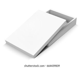 flat left tilt blank half open box with separate lid, isolated white background, 3d illustration elevated view