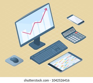 Flat left top view isometric illustration of office desktop electronic equipment. Business and school vector concept of computer with growth arrow graph, cell phone, tablet pc, mathematical calculator