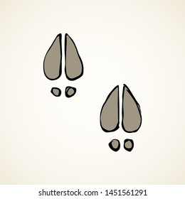 Flat leg touch stamp set on white muddy dust backdrop. Freehand outline black ink hand drawn hoofprint emblem badge in retro art scribble contour style pen on paper. Detail view with space for text