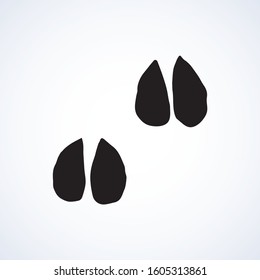 Flat leg touch stamp set on white muddy dust backdrop. Dark black ink hand drawn simple step hoofprint logotype emblem badge in retro art etch contour style. Close up detail view with space for text