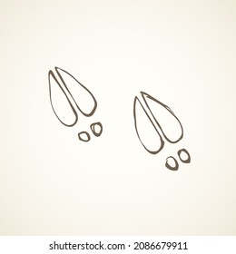 Flat leg touch stamp set on white muddy dust backdrop. Freehand outline black ink hand drawn hoofprint emblem badge in retro art scribble contour style pen on paper. Detail view with space for text