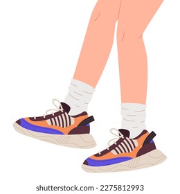 Flat legs wearing sneakers. Female legs shod fitness training shoes, stylish sportswear. Casual female footwear flat vector illustration