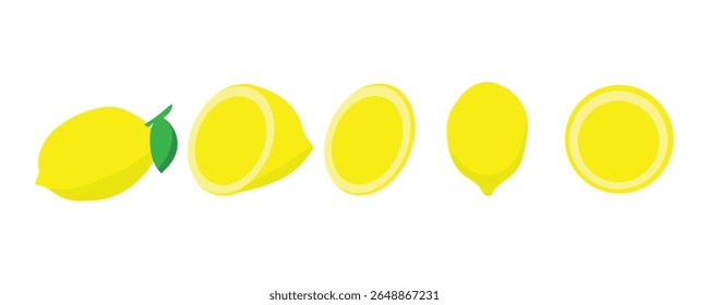 Flat Lemon Illustration Set – Whole, Half, Slice, with Branches – Fresh Citrus Fruit Vector