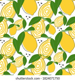 Flat lemon seamless background vector illustration. Exotic fruits. Pattern for healthy lifestyle design. Scandinavian style. Vegetarian backdrop. Kitchen art. Fresh poster.