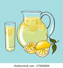 Flat lemonade composition with glass and jar of natural beverage and ripe lemon for it preparation isolated vector illustration
