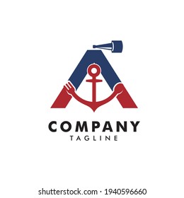 Flat A letter logo design coupled with an anchor and looking at something with binoculars