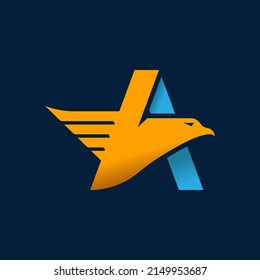 Flat letter A logo template design with an eagle's head flying into a unique and creative logo suitable for various types of business