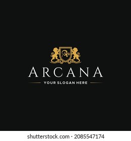 flat letter mark initial A ARCANA lion logo design