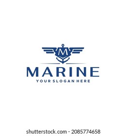 Flat letter mark initial M MARINE blue logo design
