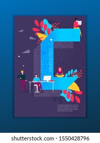 Flat letter with people covers design. Colorful modernism. Simple shapes composition. Futuristic patterns