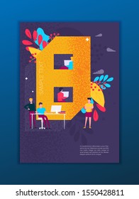 Flat letter with people covers design. Colorful modernism. Simple shapes composition. Futuristic patterns