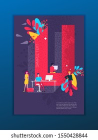 Flat letter with people covers design. Colorful modernism. Simple shapes composition. Futuristic patterns