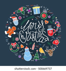 Flat lettering vector illustration card "Merry Christmas" in a linear style. Template for your business. easy to use isolated on white background