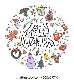 Flat lettering vector illustration card "Merry Christmas" in a linear style. Template for your business. easy to use isolated on white background