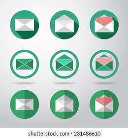 Flat letters icons set - closed, opened, with letter outside. Different kinds of flat style. Vector