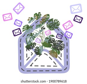 Flat letters with tropical leaves. Monstera. Vector illustration.