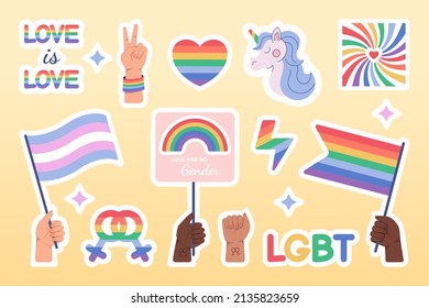 Flat LGBTQ pride stickers set. LGBT for gay male or lesbian female sex symbols. Elements for pride month with rainbow flag. Bisexual, transgender, gender equality or relationship rights concept.