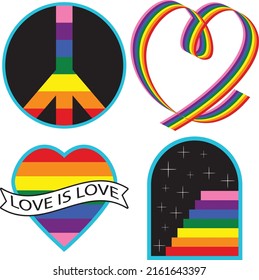 Los stickers del orgullo LGBTQ planos se pusieron en marcha. LGBT para símbolos sexuales gays masculinos o lesbianas. Elementos para el mes del orgullo con la bandera arcoiris. Concepto bisexual, transgénero, igualdad de género o derechos de relación.