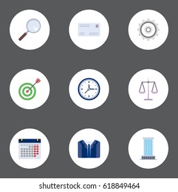 Flat Libra, Cogwheel, Calendar And Other Vector Elements. Set Of Job Flat Symbols Also Includes Suit, Cogwheel, Target Objects.