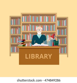 Flat librarian worker or reader at library table vector illustration. Education and knowledge concept.